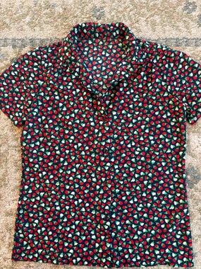 Vintage Floral Button-Up Blouse in Black, Red and Green